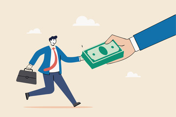 Getting paid, salary, wages payment or bonus, reward or employee benefits, tax refund or investment profit earning, loan or mortgage concept, business man hand giving money banknote to happy employee.
