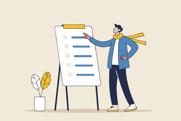 Procedure and workflow, planning process or sequence to finish project, standard or company policy, business outline to step by step, businessman leader present workflow and procedure in meeting.