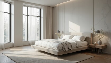 Obraz premium Modern Minimalist Bedroom Design with Natural Light and Calm Decor