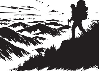 Hiker black and white silhouette assets in vector farm 