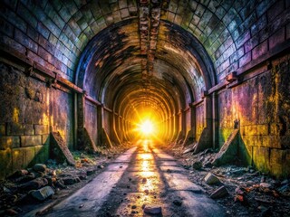 Naklejka premium Tunnel Exit Light Photography: Urban Exploration, Dark to Light, Underground Passage, Industrial Decay, Hope, Beams of Light