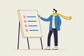 Procedure and workflow, planning process or sequence to finish project, standard or company policy, business outline to step by step, businessman leader present workflow and procedure in meeting.