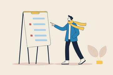 Procedure and workflow, planning process or sequence to finish project, standard or company policy, business outline to step by step, businessman leader present workflow and procedure in meeting.