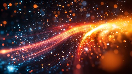 Obraz premium High-speed data transfer illustrated through glowing light streaks inside fiber optic cables on black background