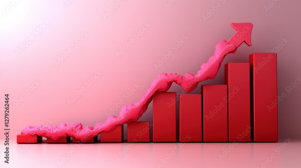Poster red bar graph with upward trend line on pink background illustrating growth and progress