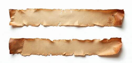 Fototapeta premium Torn aged paper strips isolated on white background. Ripped blank stationery with rough surface edges. Vintage grunge cardboard fragment for scrapbook collage design, space for letter or message.