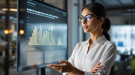 Señora de oficina dando una presentación