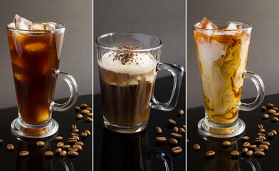 Coffee collage. Different types of cold brew coffee in the drinking glasses  on a black background. Close-up.