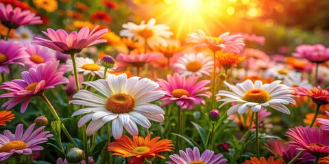 Obraz premium Vibrant Daisy Flowerbed Landscape Photography - Pink, Orange, White Daisies