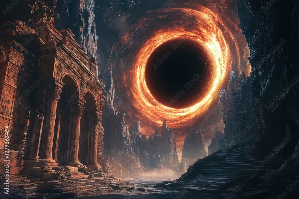 Poster vivid cosmic landscape with ancient architecture and dark celestial vortex