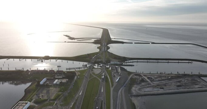 Lorentz locks, water way, transportation infrastructure at the Afsluitdijk, Kornwerderzand, Friesland, The Netherlands. Aerial drone view.
