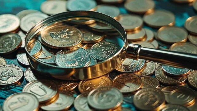 Coins and magnifying glass on the table. Selective focus
