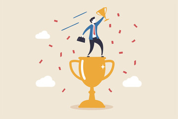 Victory or business achievement, triumph or award winning, accomplishment for leadership success, determination for career success concept, cheerful businessman winner raising flag on winning trophy.