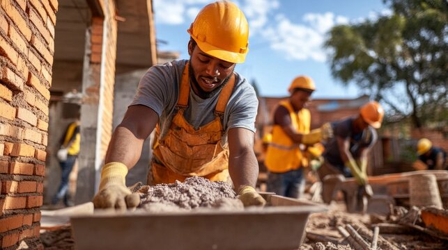 Construction worker mixing cement on a building site. Hard work and dedication.