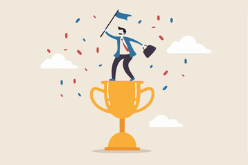 Victory or business achievement, triumph or award winning, accomplishment for leadership success, determination for career success concept, cheerful businessman winner raising flag on winning trophy.