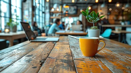 Busy coffee shop interior with laptop, coffee cup, and people working.
