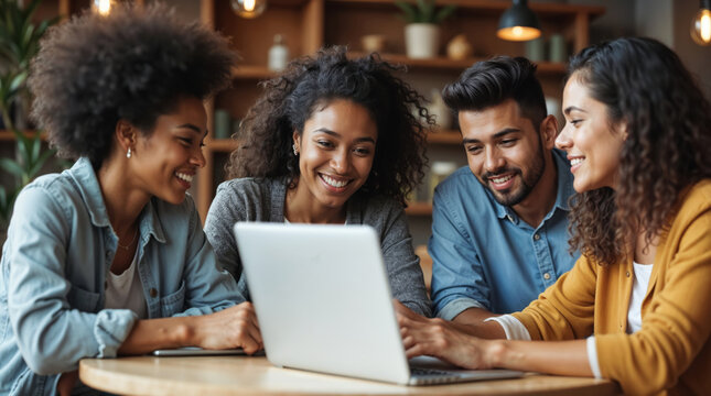 Diverse group of young adults collaborating on laptop in cozy caf? setting