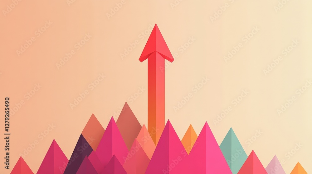Poster abstract representation of rising peaks with an upward arrow symbolizing growth and progress