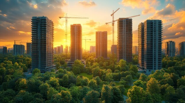 Sunset View of Urban Development Surrounded by Greenery in a Cityscape With Construction Cranes and High-Rise Buildings