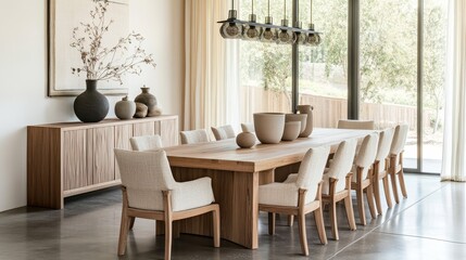 Modern Dining Room Features Minimalist Decor With Elegant Wooden Table, Stylish Chairs, and Harmonious Lighting in a Luxurious Home Setting