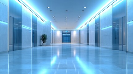 Obraz premium Modern Hallway With Sleek Design and Blue Lighting in a Commercial Building During Daytime