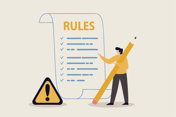 Rules and regulations, policy and guideline for employee to follow, legal term, corporate compliance or laws, standard procedure concept, businessman finish writing rules and regulations document.