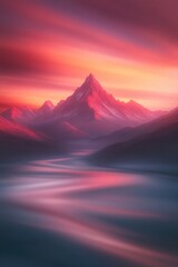 Fototapeta premium Majestic mountains reflect vibrant colors in serene waters at su