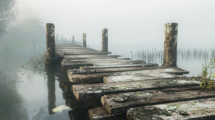 Serene Foggy Landscape with Wooden Pier Over Calm Water