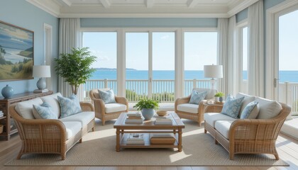 Fototapeta premium Cozy coastal living room with ocean view and natural light