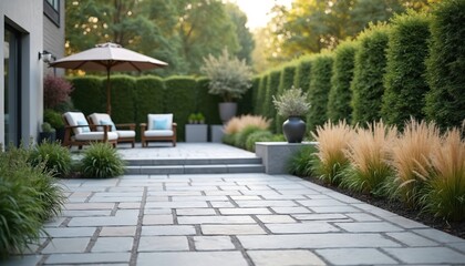 Fototapeta premium Paver patio with stone tiles, wood chairs, umbrella in garden. Modern house backyard features green hedge fence, stone path, grass and flowers. Landscaped zen garden with outdoor furniture.