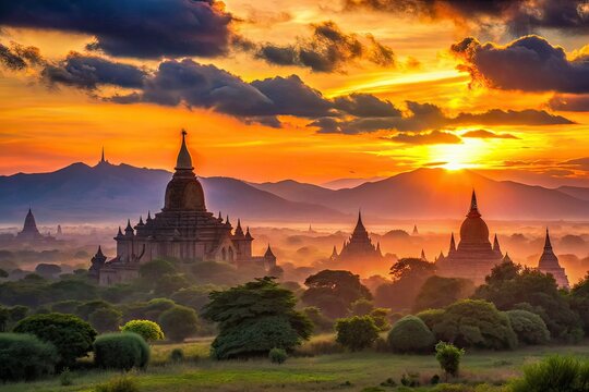 Minimalist Sunset Pugan Myanmar, Golden Hour, Landscape Photography, Asian Scenery
