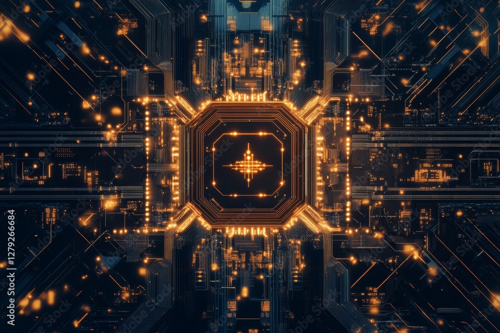 Fototapete background of a quantum computing system with processor and electronic circuit.