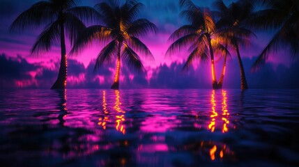 Illuminated Palm Trees Reflecting In Tranquil Waters At Sunset