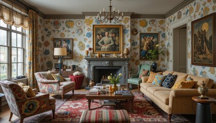 Cozy Vintage Living Room with Floral Wallpaper and Classic Decor