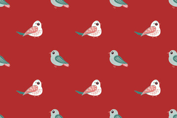 Multiple pink blue small birds are scattered across red isolated background, creating whimsical cheerful seamless vector pattern perfect for craft projects children's designs Wrapping paper