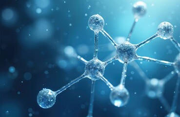 Abstract molecular structure on blue bokeh background, illustrates science tech research. Nano tech connection formula for medical healthcare design with futuristic dynamic motion fluids.