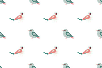 Multiple small birds in shades of pink blue are scattered across white background, creating whimsical cheerful seamless vector pattern perfect for craft projects children's designs Wrapping paper 