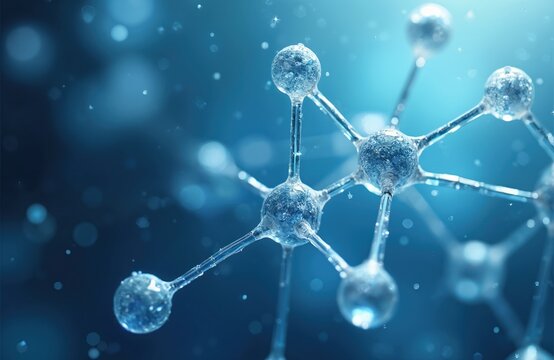 Abstract molecular structure on blue bokeh background, illustrates science tech research. Nano tech connection formula for medical healthcare design with futuristic dynamic motion fluids.