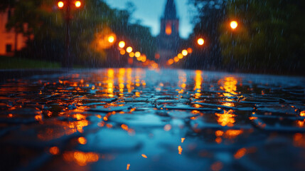 Heavy rain falling on cobblestone streets, with glowing lamplights reflecting in puddles