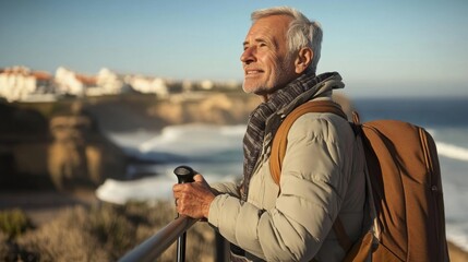 Elderly caucasian male enjoying coastal view with backpack and walking stick