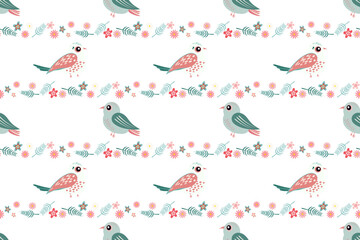 Multiple pink green small birds flowers featuring various are scattered across isolated background Seamless vector pattern Craft projects children's designs Wrapping paper Summer spring design mood