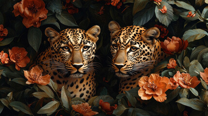 Fototapeta premium Jungle animal wallpaper featuring playful leopards lounging amidst vibrant tropical flowers