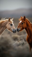 Fototapeta premium Two horses gently touching noses in a serene landscape at dusk