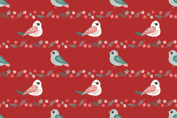 Multiple pink green small birds flowers featuring various are scattered across red isolated background Seamless vector pattern perfect for craft projects children's designs Wrapping paper