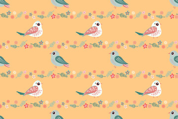 Multiple pink green small birds flowers featuring various are scattered across orange isolated background Seamless vector pattern perfect for craft projects children's designs Wrapping paper