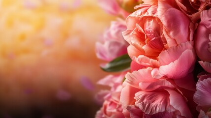 Fototapeta premium Close-up of delicate pink peonies, bathed in warm, golden light. A soft and romantic image.