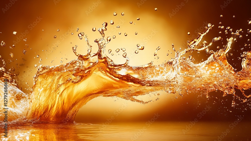 Poster amber liquid splashing against a warm backdrop. the vibrant colors and dynamic motion create a visua