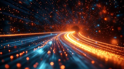 Illuminated fiber optic cable with light trails streaking through the darkness illustrating speed in communication