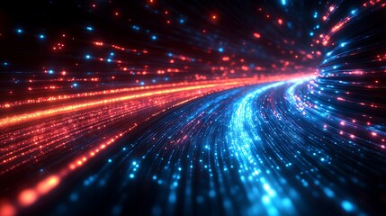 Obraz premium Illuminated fiber optic cable with light trails streaking through the darkness illustrating speed in communication
