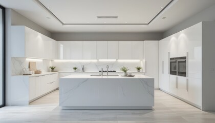 Modern Minimalist Kitchen with White Cabinets and Sleek Marble Design